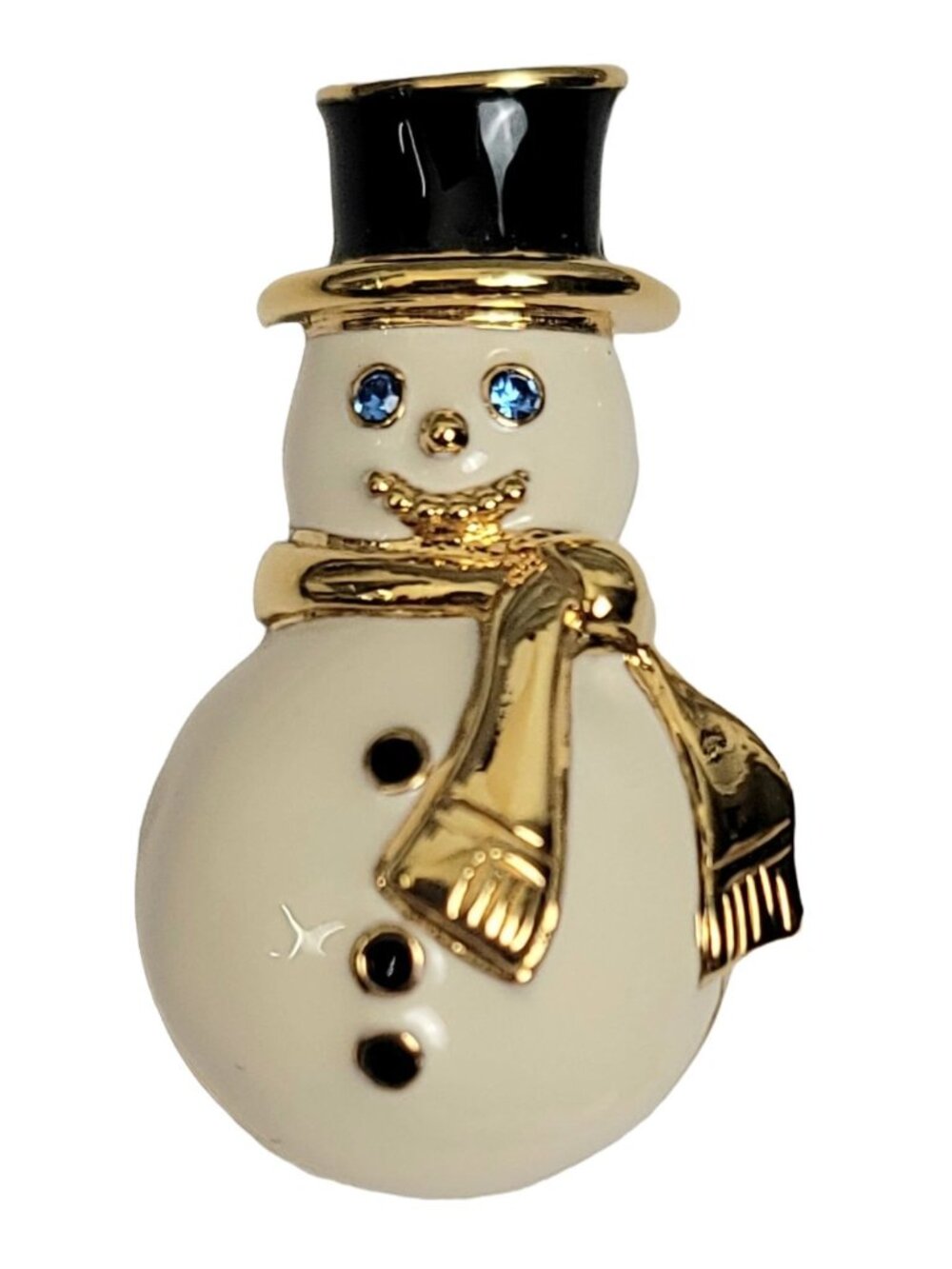Monet Gold-Tone Black & White Enamel Blue Rhinestone Eye Snowman Brooch Pin